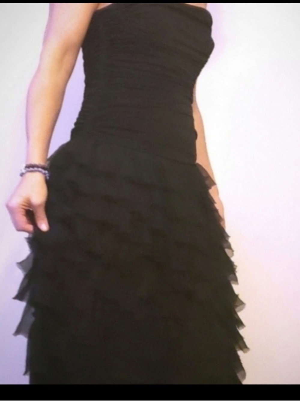 BCBG MaxAzria strapless silk fringe gown